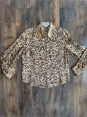 Vintage Starington 100% Silk Leopard Print Blouse Paisley Cuffs Size 10